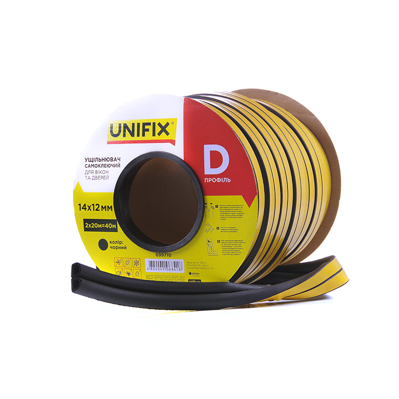 Фото Ущільнювач самоклеючий D 14х12мм профіль 40м, чорний UNIFIX