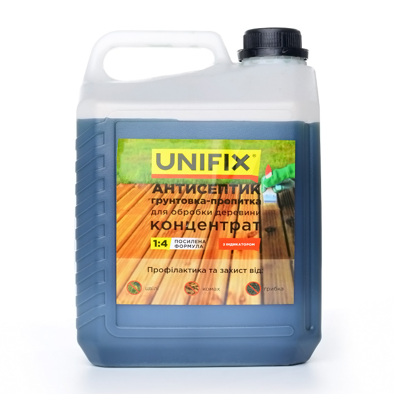 Фото Антисептик грунтовка-пропитка концентрат 1:4 для обработки древесины 5 кг (с индикатором) UNIFIX